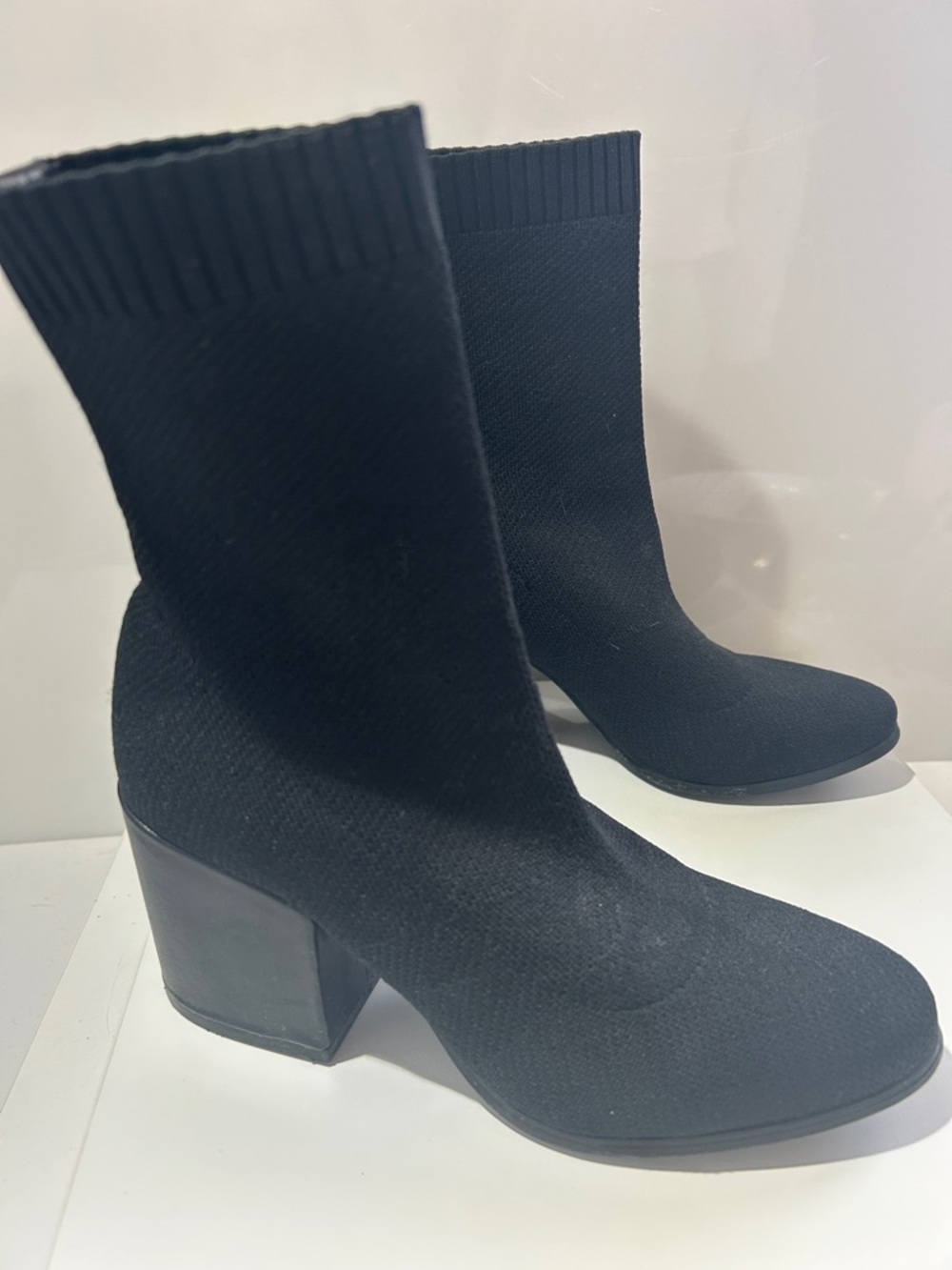 Stretch-Knit Black Sock Booties with Block Heel